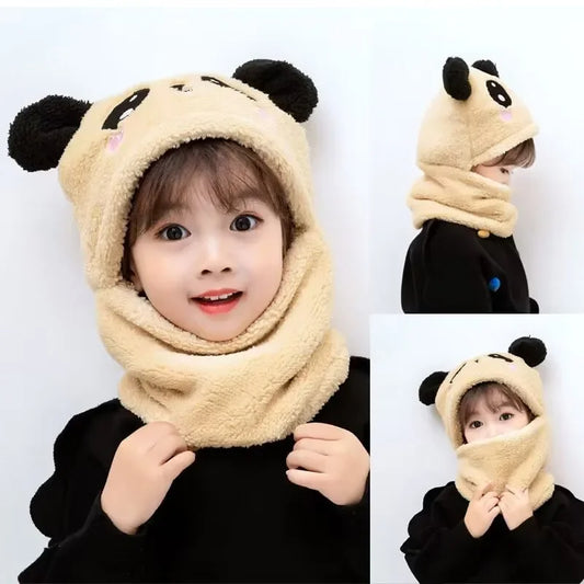 Kids Winter Hat & Scarf Set – Beige Panda | Soft Fleece Animal Hood