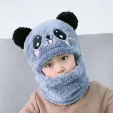 Kids Winter Hat & Scarf Set – Light Blue Panda | Soft Fleece Animal Hood
